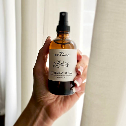 Hand holding a bottle of 'Bliss Everyday Spray' against a neutral background