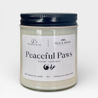 Candle jar labeled 'Peaceful Paws' by Idle & Wood on a white background