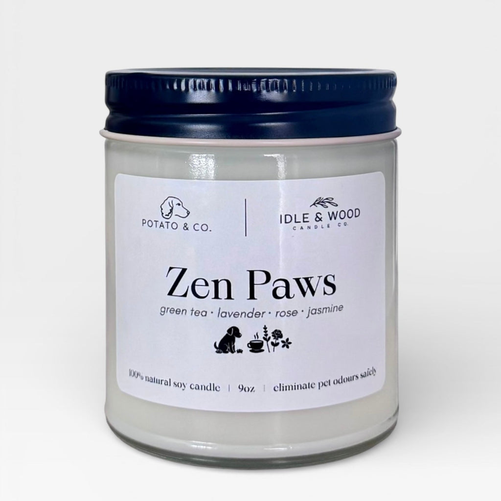 Candle jar labeled 'Zen Paws' by Idle & Wood on a white background