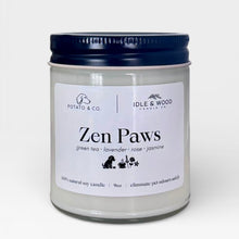 Load image into Gallery viewer, Candle jar labeled 'Zen Paws' by Idle &amp; Wood on a white background
