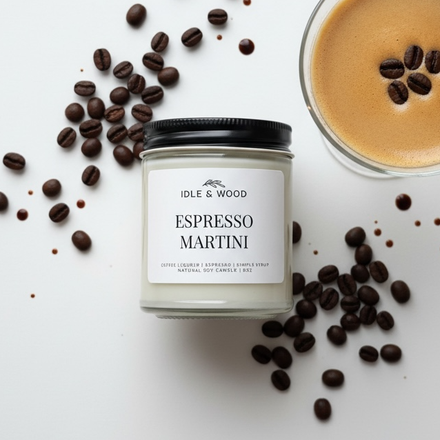 Candle labeled 'Espresso Martini' with coffee beans and a glass of espresso on a white background