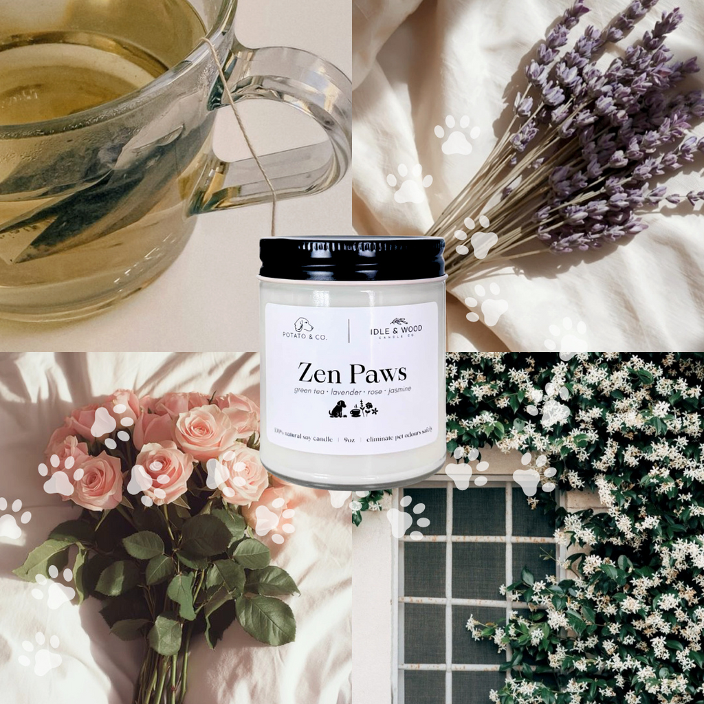 Collage of a teacup with tea, a jar labeled 'Zen Paws', flowers, and a plant.