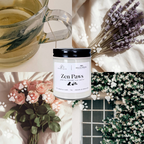 Collage of a teacup with tea, a jar labeled 'Zen Paws', flowers, and a plant.
